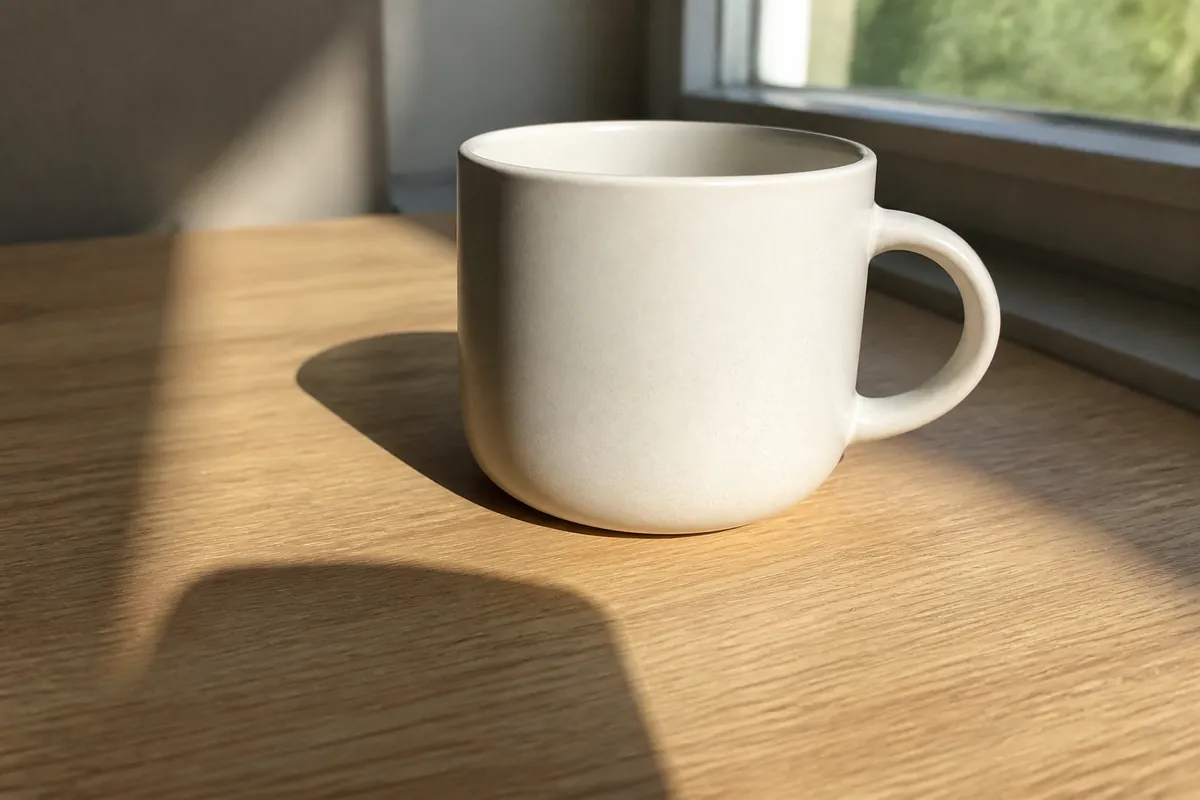 Before example: ceramic mug with a strong cast shadow